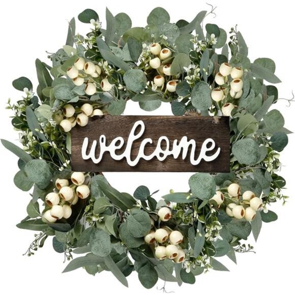 Green Artificial Eucalyptus Wreath with Welcome Sign 20in Spring Summer Wreath - Picture 1 of 7
